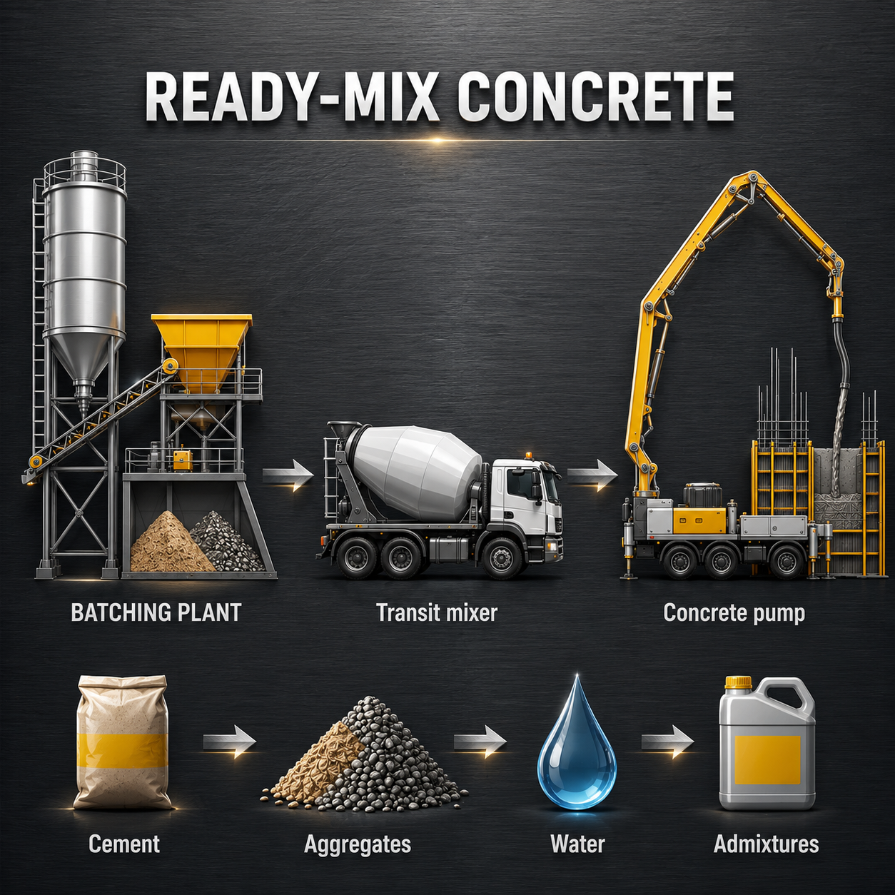 Ready-mix concrete supply chain from batching plant to transit mixer and concrete pump
